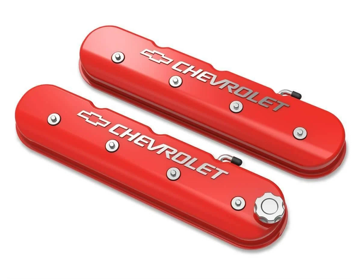 Tall LS Valve Cover with Bowtie_Chevrolet Logo Gloss Red Machined Finish 241-404